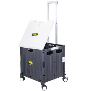 dbest products Quik Cart Swing Lid  Four  Swivel Wheeled Rolling Crate Teacher Utility with seat Heavy Duty Collapsible Basket with Dual Telescopic Wagon Handle, Black