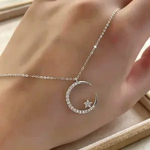 Dainty Star Moon Necklace with Zircon Accents, Trendy Everyday Commute Jewelry, Ideal Gift Choice