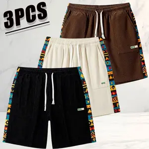 Men’s 3-Pack Corduroy Shorts — Ethnic-Style Side Stripes, American Retro Street Style. Soft, skin-friendly corduroy fabric that’s warm and comfortable. Elastic drawstring waistband doesn’t squeeze or roll up the hem. Unique side ethnic-style stripe design