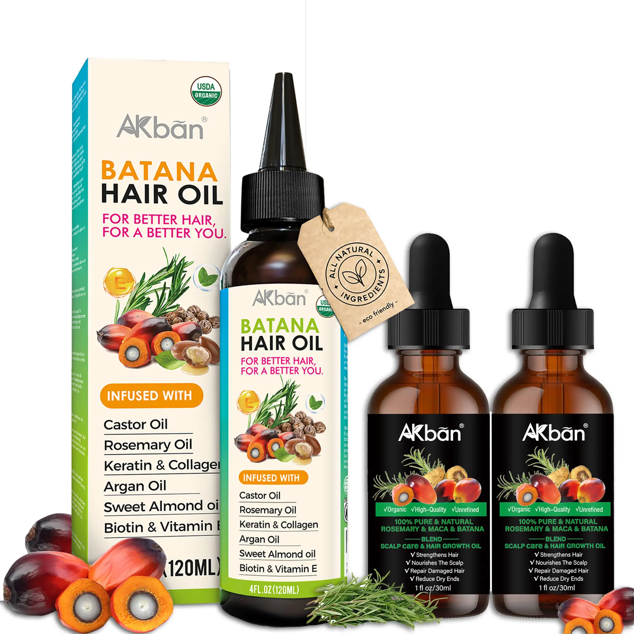 AKban Batana Hair Oil Set 120ml + 30ml x 2 Rosemary Keratin Collagen for Growth & Root Strength Organic Unisex Care with Honduran Batana Oil Biotin Vitamin E