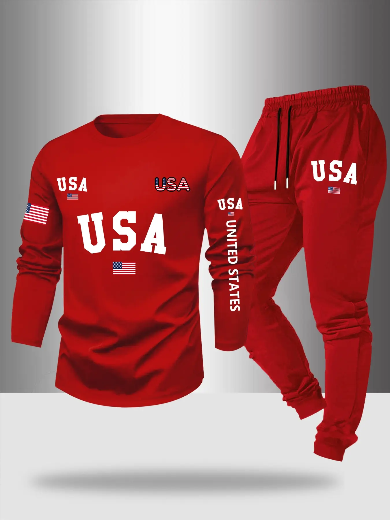 Men's Fall Winter Round Neck Long Sleeve T-Shirt Pants Set, Letter Flag Print, Casual Outdoor Fitted Sportswear Set, Casual Sporty Set, Tracksuit Set, Casual Athletic Clothing, 2 Piece Set