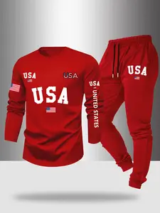 Men's Fall Winter Round Neck Long Sleeve T-Shirt Pants Set, Letter Flag Print, Casual Outdoor Sports Wear, Tracksuit Set, 2 Piece Set