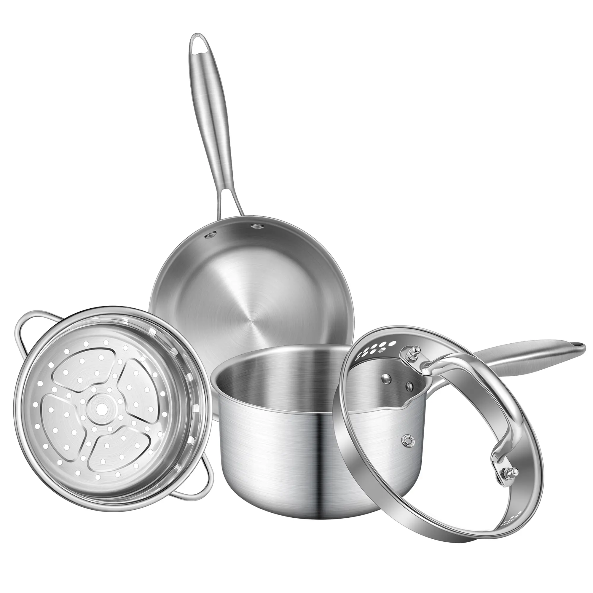Buttermelt Pots and Pans Set- Tri-ply Full Body Stainless Steel Cookware Set, Saucepan with Steamer Basket & Frying Pan Skillet, Pots and Pans for Boiling Gravies, Pasta, Noodles, Omelet