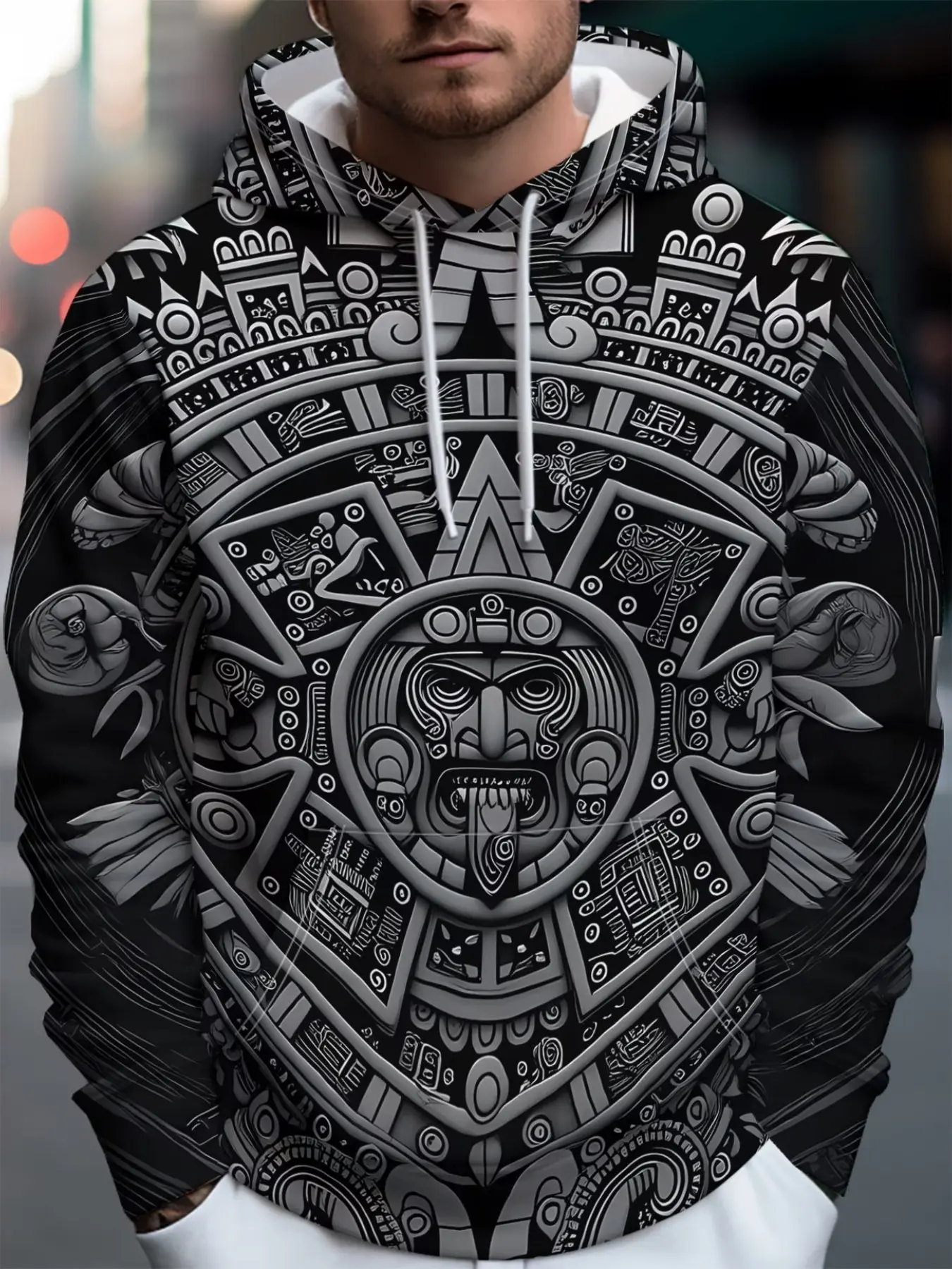 Men's Street Style Streetwear Cultural Hooded Sweatshirt, Maya Calendar Design, Casual Long Sleeve, Raw Wash, Fitted, All Seasons, Casual Streetwear Hoodies