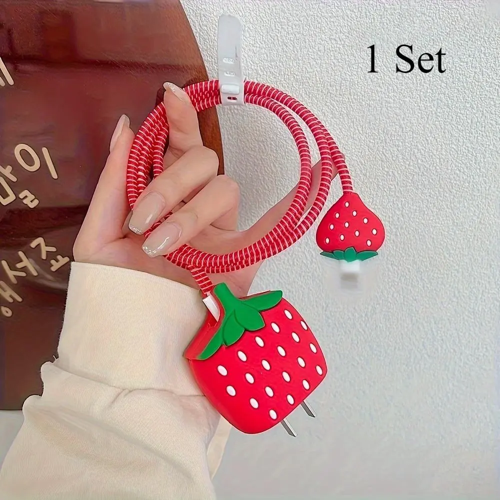 Cute Cartoon Strawberry Design Fast Charger Protector, Charger Compatible, Anti-breaking Charger & Data Cable Protective Cover, Phone Accessories for iPhone 18W 20W, Charging Cover, Protection