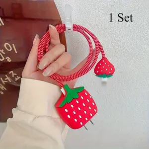 Cute Cartoon Strawberry Design Fast Charger Protector, Charger Compatible, Anti-breaking Charger & Data Cable Protective Cover, Phone Accessories for iPhone 18W 20W, Protection