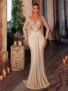 Elegant Women's Evening Dress, Luxurious Formal Party Gown, Embellished with Rhinestones, Long Sleeve, Long Slim Fit, All Seasons, Plain Design