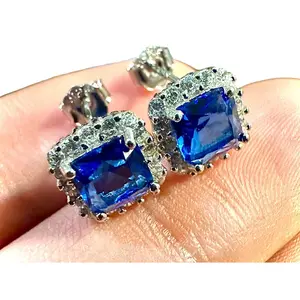 Cushion Cut Tanzanite and White Topaz Halo Studs 925 Sterling Silver Earrings