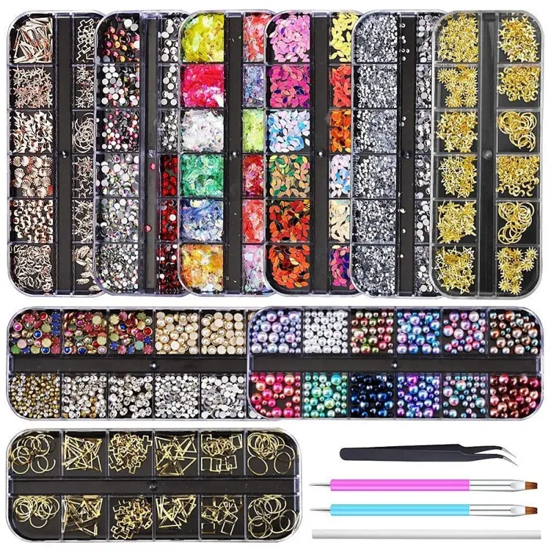 9 boxes Nail Rhinestones Glitter Gems Diamonds Studs Crystals Sequins Kit With 1 Tweezers and 3 Pen for Nail Art Supplies Accessories