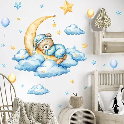 Cartoon Bear & Moon Pattern Luminous Wall Sticker, 3 Counts/set Self Adhesive Wall Decal, Decorative Sticker, Wall Art Stickers for Home Bedroom Living Room, Space Theme Design Decoration