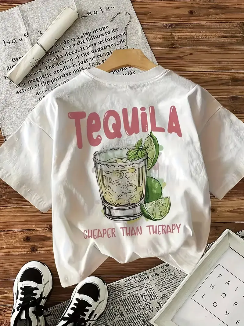 Women's Short Sleeve Casual Comfortable Graphic Print T-Shirt - Funny Tequila Cheaper Than Therapy Retro Alcohol Humor Black Top, Sarcastic Margarita Summer Party Cocktail Gift, Shortsleeve, Round Neck, Jeans, Tshirt, Lady, Casual Wear, All Seasons, Every
