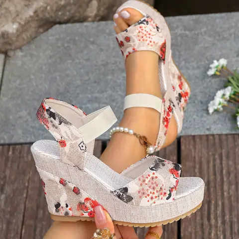 Women's Thick Sole Wedge Heel Sandals, Floral Print Fabric, Comfortable & Stylish, Perfect for Daily Wear, Stylish Footwear