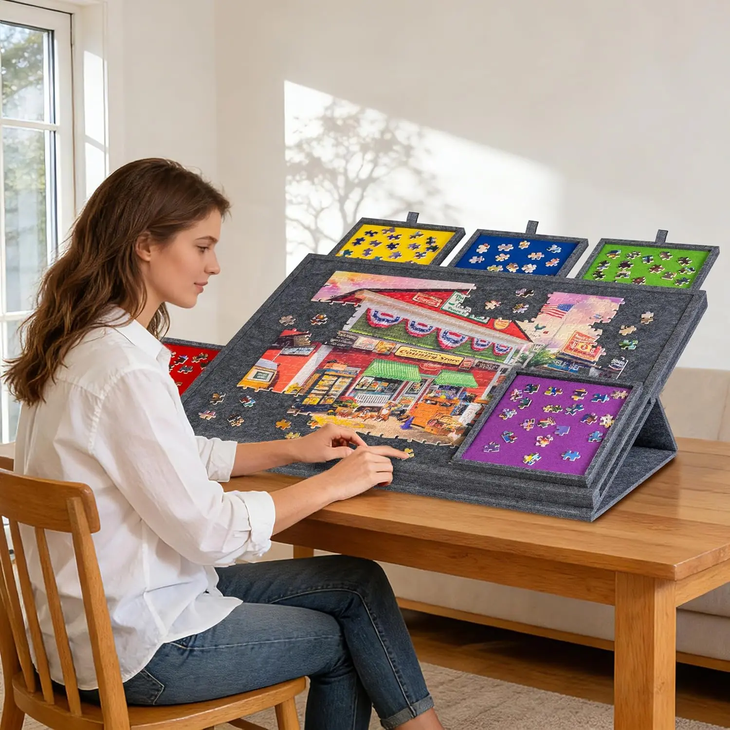 Puzzle Table - Puzzle Board with 2-in-1 Designed Stand & Cover, SuperLightweight Felt Plateau Storage with 5 Drawers for Adults,Portable Jigsaw Puzzle Table for Up to 1000 Pieces