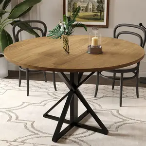 47 Inch Round Dining Table for 4-6, Circle Kitchen Table with Pedestal Base, Farmhouse Wooden Dining Table for Small Spaces, Kitchen & Dining Room, Living Room-Only Table