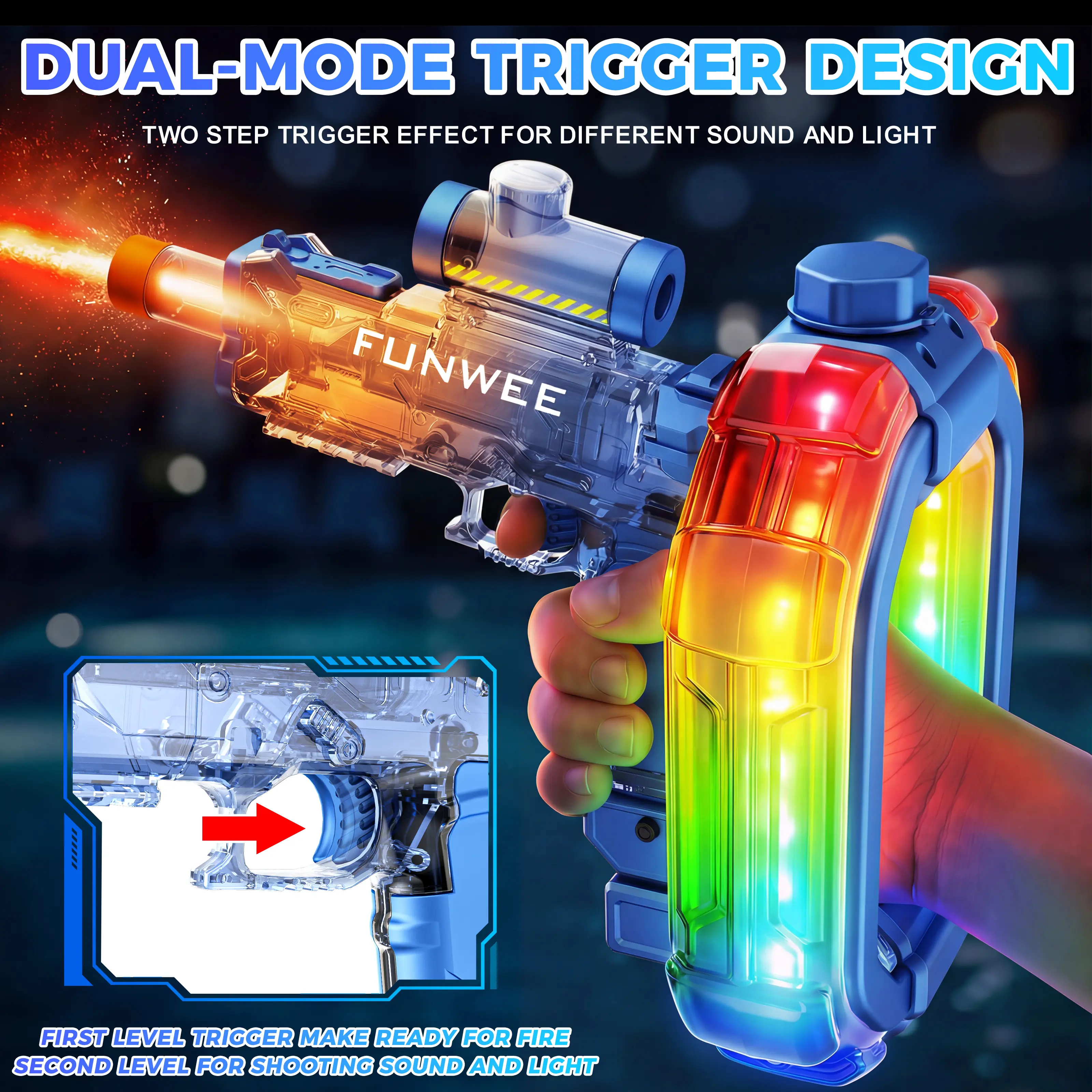 FUNWEE Ultimate Battle Powerful Electric Water Gun, automatic squirt gun with glowing realistic muzzle,  high capacity, long  range, outdoor summer party toy for adults and kids, toys for gift Rechargeable s tactical multiplayer team toy Dual-Magazine