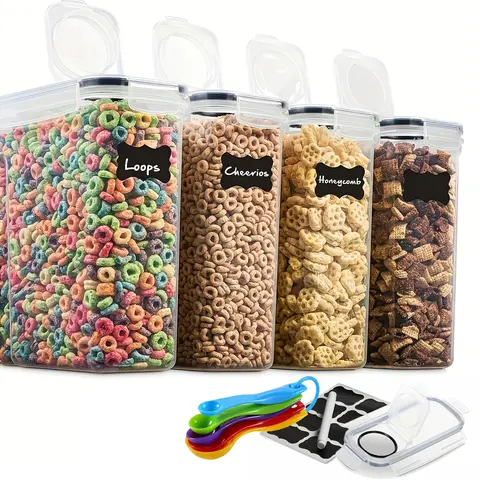 Airtight Plastic Food Storage Containers Set (4-Piece) - Large Capacity 4L/135.2 Oz Anti-Leak Cereal Dispensers with Pour Spout, Grain Canisters for Kitchen Pantry Use & Food Storage Solutions
