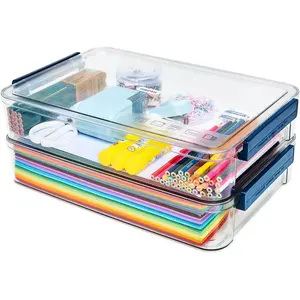 2 Pcs 5.5qt 9 x 13 Plastic Portable Project Case With Snap-Tight Latch, Clear Stackable Storage Box With Lids, Organizer Container For A4 Files, Photos, Documents, Scrapbook & Craft Art Supplies