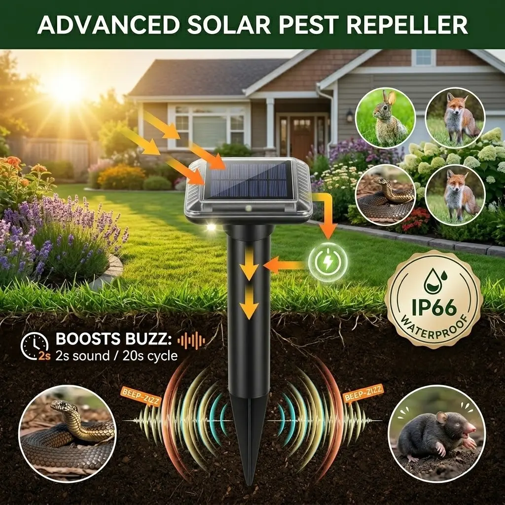 SAIJZEK Outdoor Solar-Powered Ultrasonic Pest Repellent 2-Pack/4-Pack, Upgraded IP66 Waterproof Deterrent for Snake, Mole, Rabbit, Skunk, Gopher, Groundhog& Vole in Lawn & Garden Insect Repellent mouse Home Pest Control, Racoon Repellent Outdoor, Raccoon