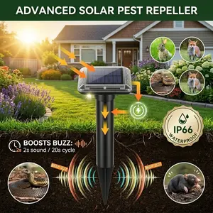 SAIJZEK Outdoor Solar-Powered Ultrasonic Pest Repellent 2-Pack/4-Pack, Upgraded IP66 Waterproof Deterrent for Snake, Mole, Rabbit, Skunk, Gopher, Groundhog, Chipmunk, Raccoon & Vole in Lawn & Garden Insect Repellent mouse