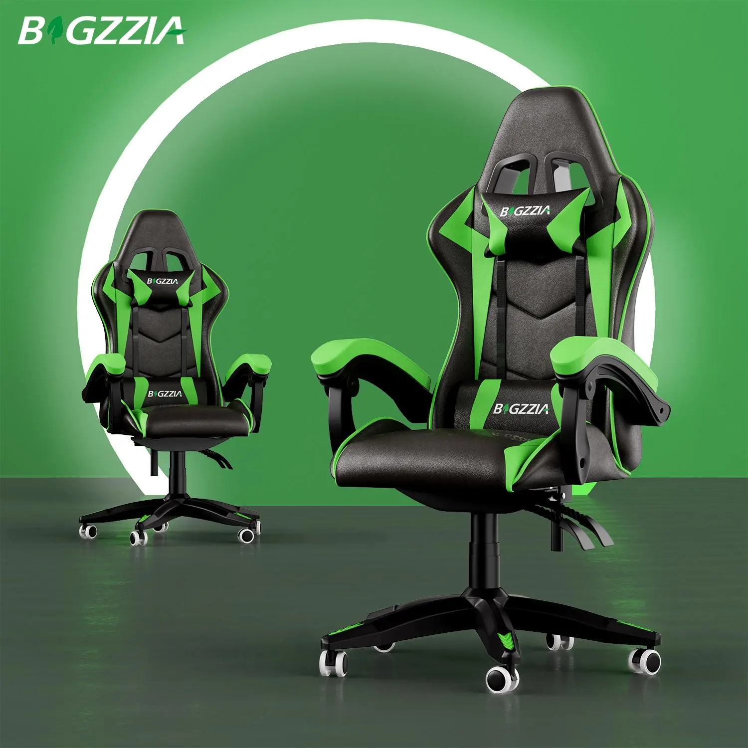 Bigzzia PU Leather Reclining Video Gaming Chair - Ergonomic, Durable, 300lb Capacity, 155° Tilt, 360° Swivel, Adjustable Height, Rolling, Foldable for Reading, Stress Relief, Relaxation, Quick DIY Setup, Assembly Required