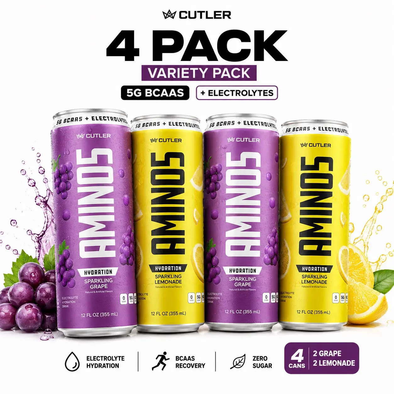 CUTLER AMINOS Variety Pack (4 Count) – 2 Sparkling Grape, 2 Sparkling Lemonade Beverage