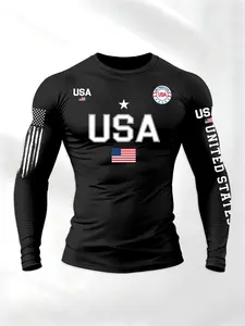 Men's Round Neck American Theme Letter Flag Long Sleeve Athletic Shirt Activewear, Casual Fitted Regular Fit Spring & Fall T-Shirt, Men's Knitwear Daily Wear