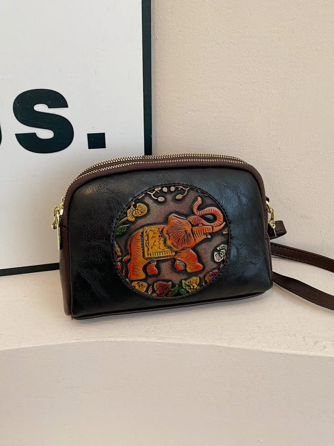 Women's Crossbody Bag, Vintage Handmade Leather Embossed Colorful Elephant Shoulder Bag, Casual Versatile Large Capacity Commute Backpack