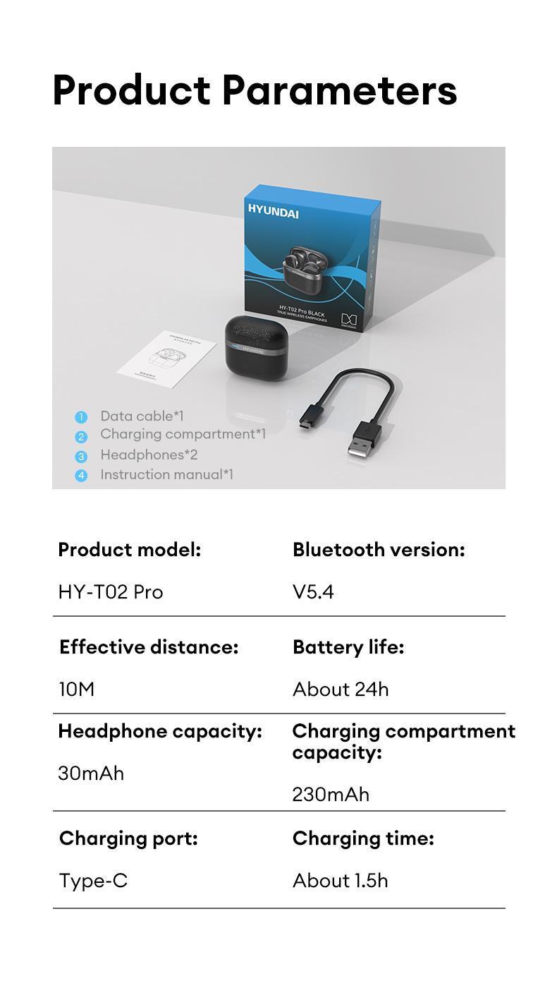 HYUNDAI T02PRO TWS True Wireless Bluetooth 5.4 Earbuds High-resolution Sound Quality Headset Long-lasting Battery & Waterproof Electronic Headphones