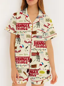 Stranger Things Women's Pajama Set, Pjs, Two-Piece Fitted Button Front Short Sleeve Print Top and Shorts, Casual Home Wear Loungewear, Comfortable Party Sleepwear
