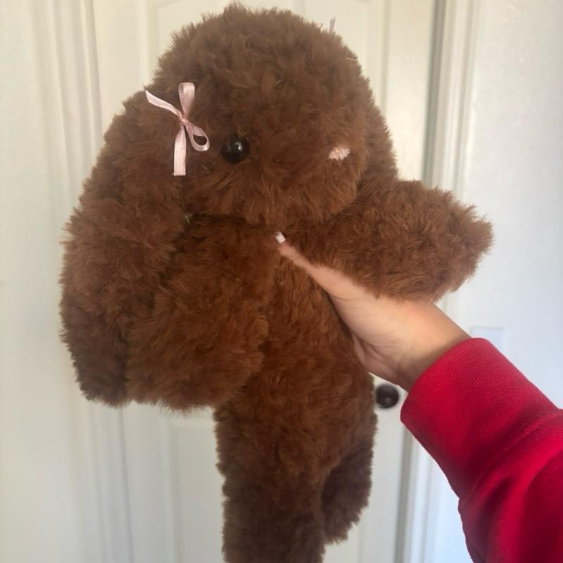 Handmade Crochet Fluffy Bunny With Pink Ribbon Bows Soft Brown Yarn Durable Safety Eyes Cozy Gift Decor