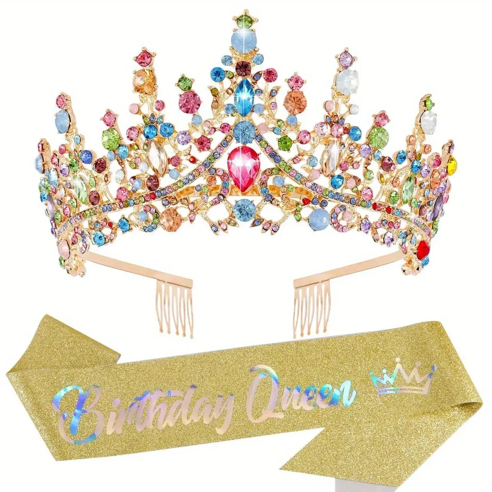 Colourful Crystal Birthday Queen Tiara Crown for Women Girls Birthday Queen Headband Sash Elegant Princess Crown with Combs Hair Accessories Happy Birth Party Decorations Mom Birth Gift