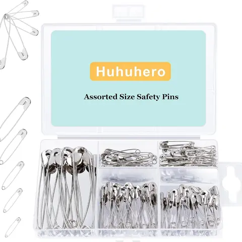 Locking Nickel-Plated Stainless Steel Safety Pins (150-Pack, 5 Different Sizes) - Wear-Resistant Sewing Tool Kit, Sewing Accessories and Supplies, Art & Craft Supplies, 3.9 x 2.44 x 0.71 Inches Textiles & Soft Furnishings Accessory