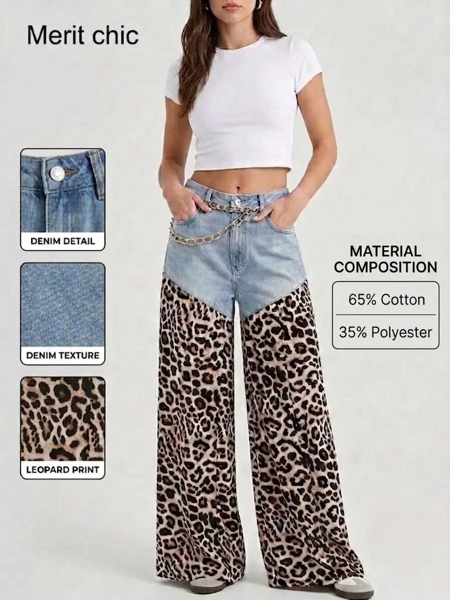 Womens Leopard Patchwork Wide Leg Jeans Mid Rise Denim Pants Trendy Y2K Baggy Animal Print Jeans Casual Streetwear Vacation Outfit Statement Pants