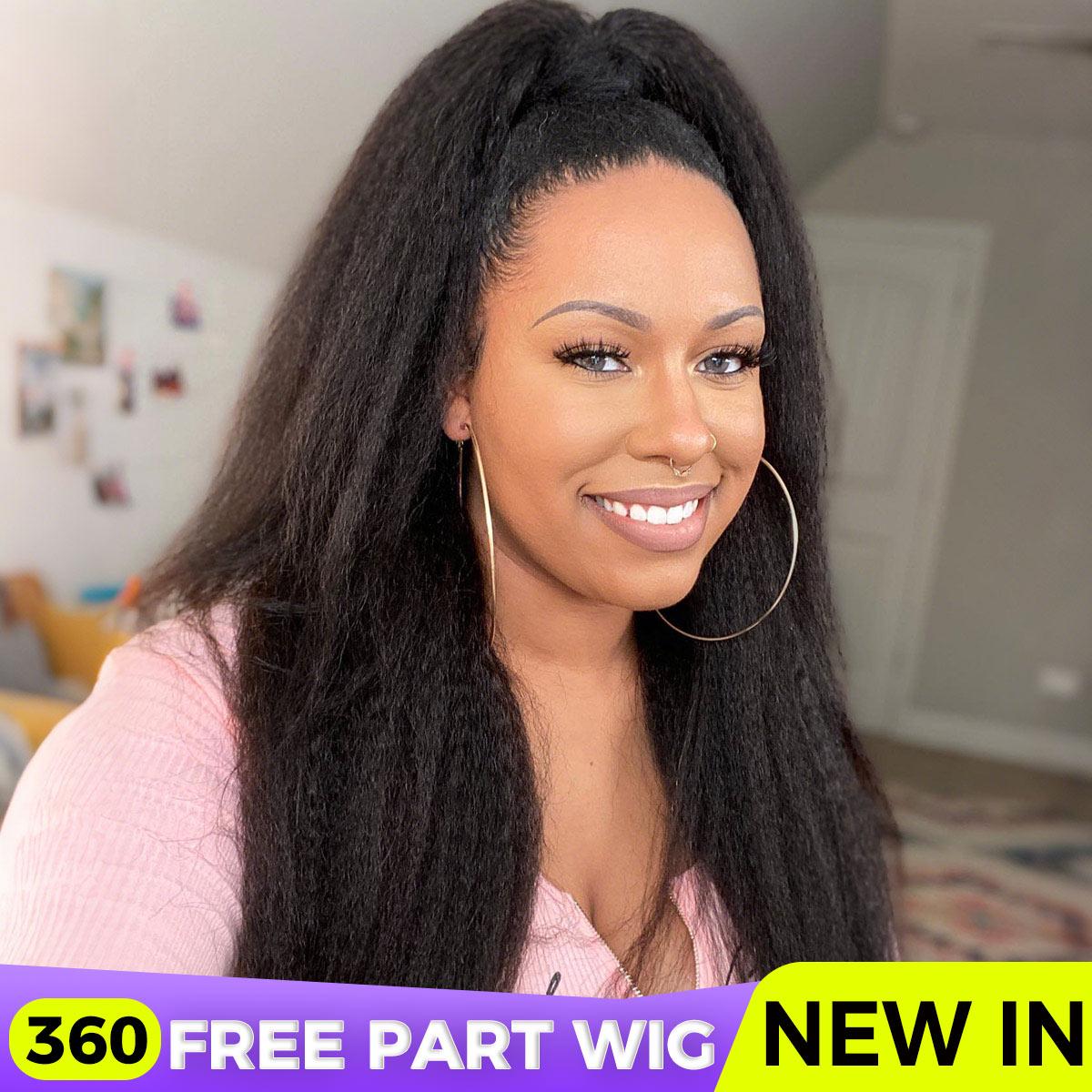 OQ HAIR Invisible Hairline 360 Skin Lace Frontal Kinky Straight Wig Human Hair Pre Cut Lace Pre Bleached Knots Wig With Drawstring Beginner Friendly