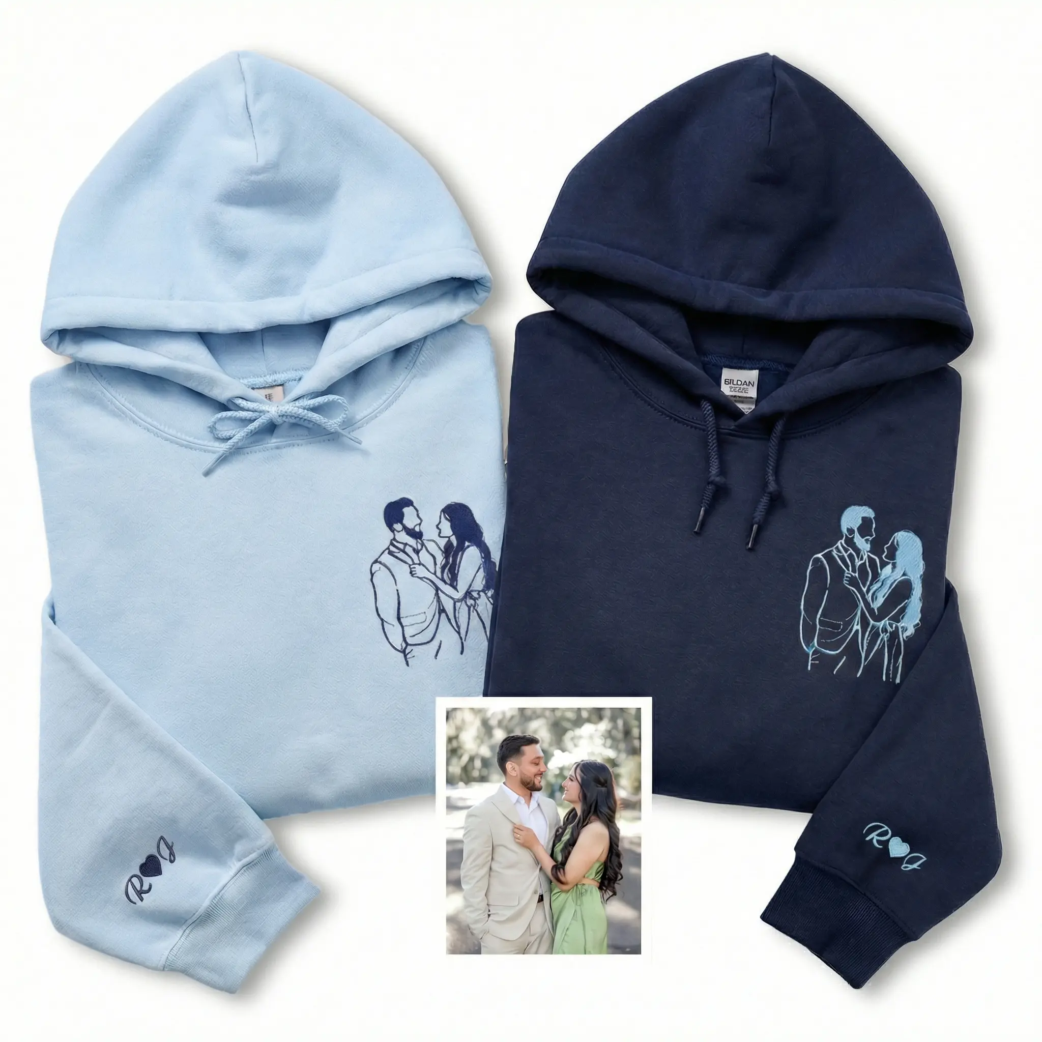 Custom Embroidered Portrait Outline From Photo Hoodie - Matching Couple Hoodie, Family Sweater, First Year Anniversary Gift, Birthday, Mother's Day Gift