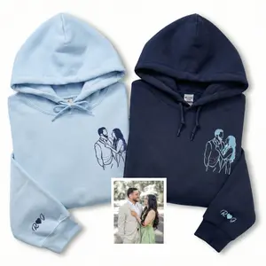 Custom Embroidered Portrait Outline From Photo Hoodie - Matching Couple Hoodie, First Year Anniversary Gift, Birthday