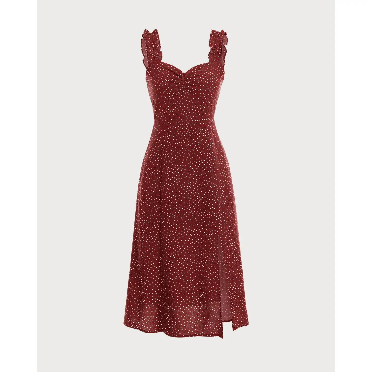 RIHOAS Women's Classic Polka Dot Midi Dress, High Waisted Ruched Cocktail Dress with Ruffle Straps and Side Split, Polyester Fabric, Ready To Wear, Lady, Dry Fast
