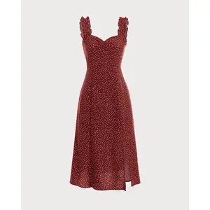 rihoas Women's High-Waisted Red Frill Trim Dot-Print Polyester Fabric Midi Dress with Side Split & Ruched Detail - Ideal Lady's Formal Wear for Party, Cocktail Occasions,summervibes