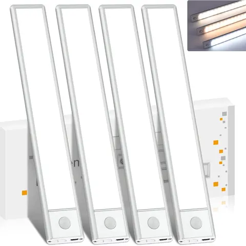 SummerVibes LED Cabinet Light Motion Sensor Dimmable, USB Rechargeable Stick-on Under Cabinet Lighting, 4 Modes, 120° Wide Sensing, for Kitchen Bedroom Closet Stair Home Lighting, 16in Aluminum Body 1/2/4 Pack