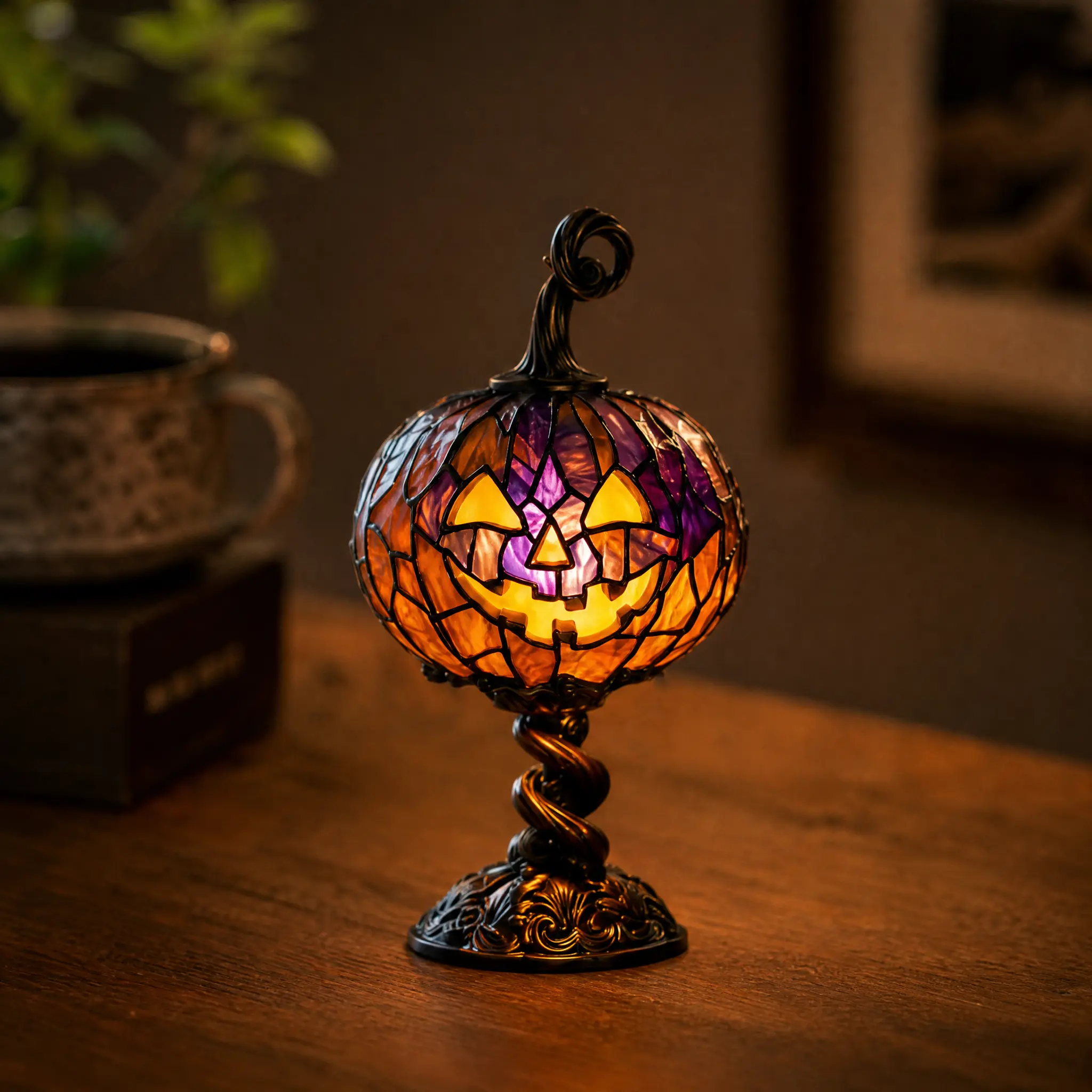 Resin Imitation Stained Glass Pumpkin Jack O Lantern LED Night Light Halloween Decor