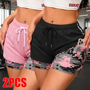 women’s 2 Pack summer faux two-piece camouflage capri shorts, drawstring waist, inner high-stretch band with hidden pockets, suitable for stylish summer outfits, casual outings, fitness, and yoga.