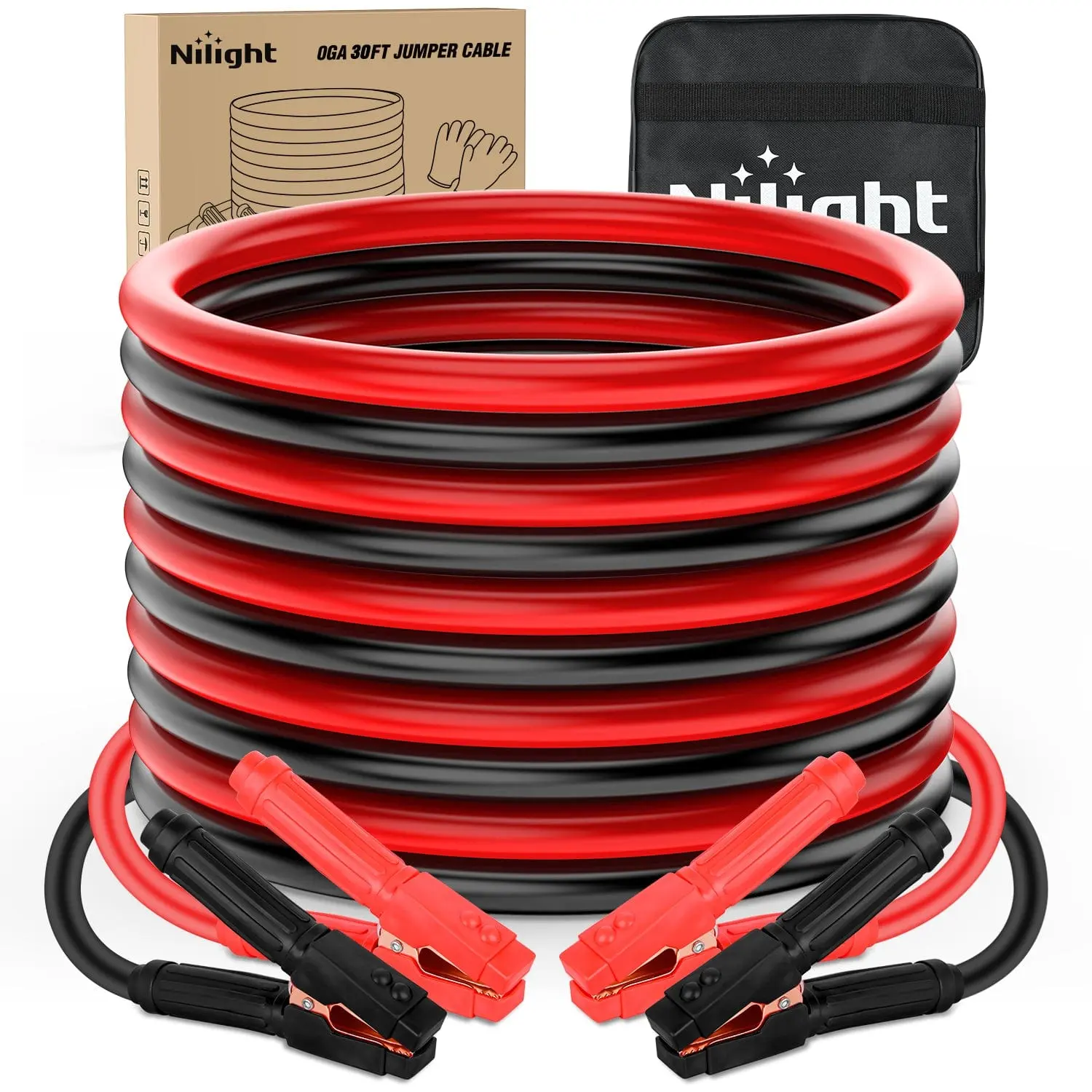 Nilight 0-Gauge 30 FT Heavy-Duty Tangle-Free Jumper Cables with Clamps, 1000 A Instantaneous CCA Conductor, Copper-Coated Aluminum Core, Included Gloves & Storage Bag