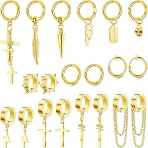 YADOCA 26Pcs Clip On Earrings for Men Stainless Steel Non Pierced Cross Chain Lightning Feather Spike Skull Dangle Huggie Hoop Fake Earrings Set Black Silver Gold Tone
