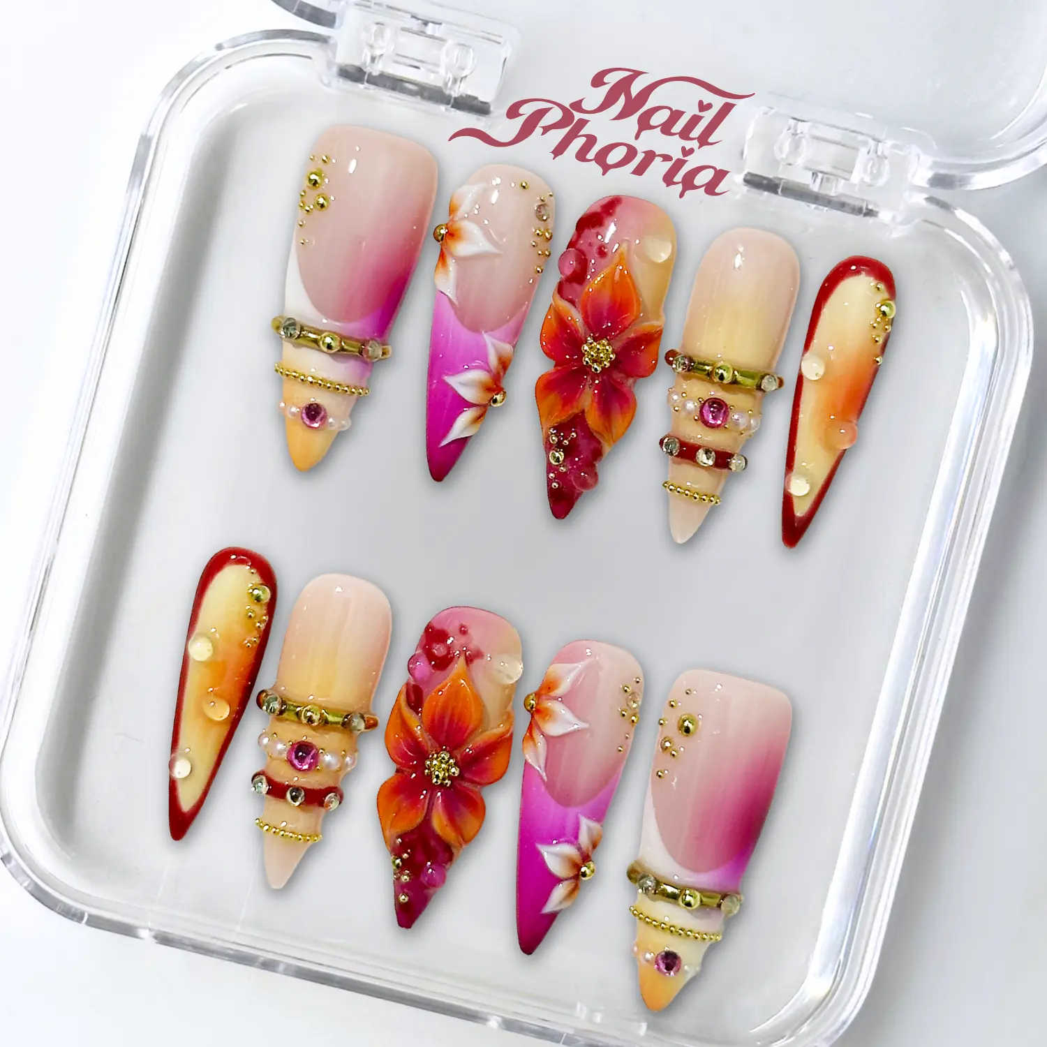 NailPhoria SANGRIA SUNSET -SUMMER Handmade Press-On Nails | Reusable, Salon-Quality, Long-Lasting, Glossy Design