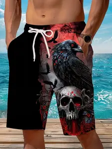 Men's Printed Vacation 3D Eagle Skull Summer Beach Pants, Adjustable Drawstring Waist, Casual Style