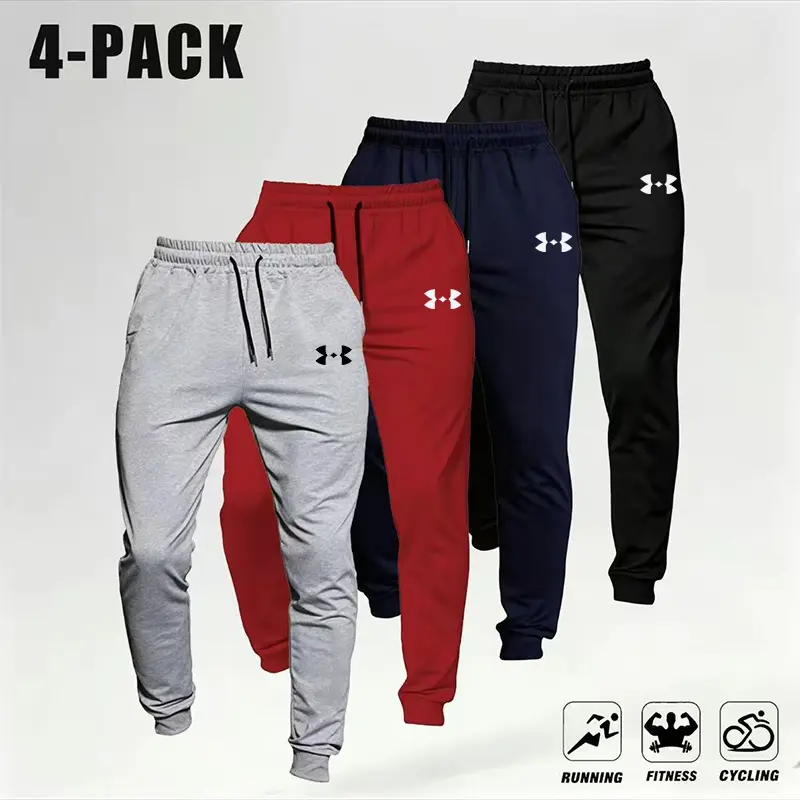 Men’s 4-Pack Casual Loose Joggers – Soft Knit Stretch Fabric Sweatpants with Pockets, Barbell Print, Retro Street Style Sportswear, Autumn Fitness Base Layer, Men’s Sweatpants, sohochic