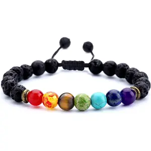 Men Women 8mm Lava Rock Beads Chakra Bracelet Braided Rope Natural Stone Yoga Bracelet Bangle