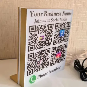 Customizable Gold-Plated Metallic QR Code Business LED Display with Four Social Media Links & Phone Number Space for Enhanced Visibility and Modern Branding