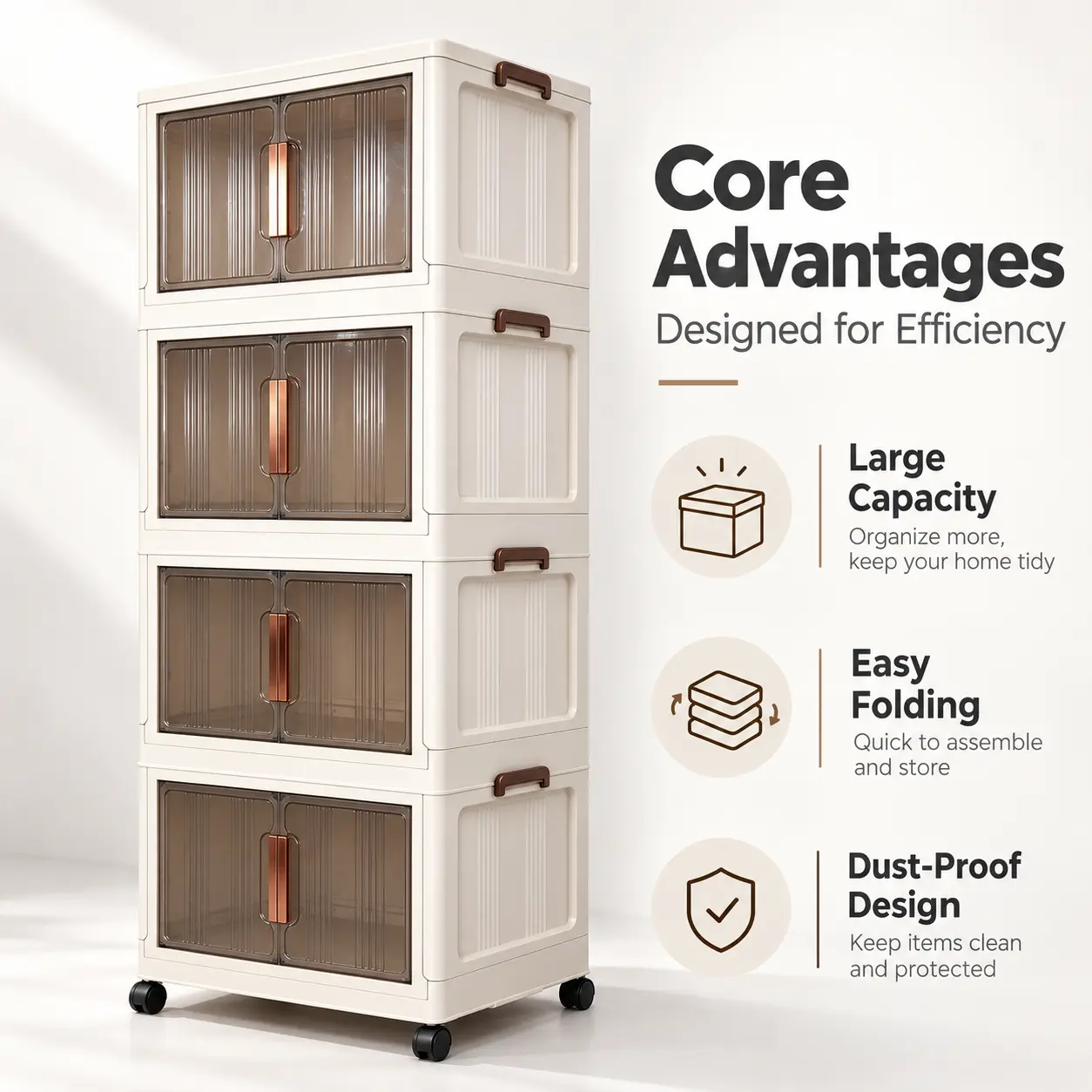 4-Tier Folding Storage Cabinet with Doors and Wheels, Stackable Plastic Storage Organizer with Translucent Panels, Collapsible Cabinet for Clothes, Towels and Everyday Essentials in Bedroom, Living Room, Dorm or Apartment