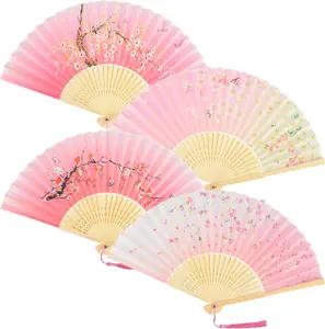 4 Pcs Hand Fans for Women Foldable Folding Handheld Fan Chinese Bamboo Hand Held Fan Pink Japanese Manual Silk Fan Asian Fan Ladies Fan with Tassel for Wall Decoration
